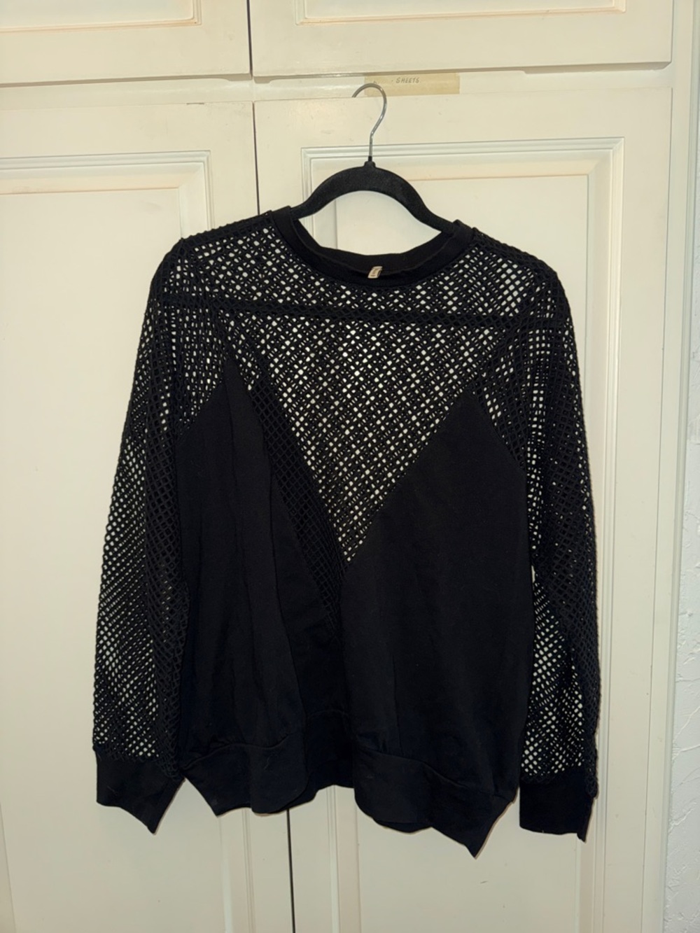 Black Mesh Panel Long-Sleeve Top by